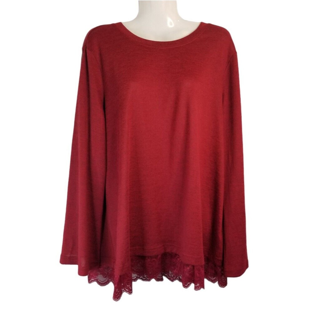 DG2 Diane Gilman Women's Tunic Top Lace Hemline Knit Feel Long Sleeve Size 1X